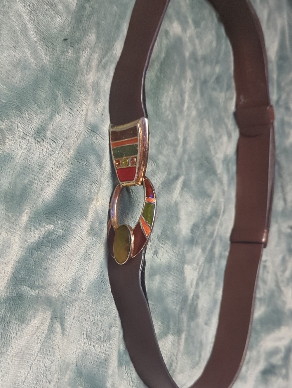 41-Brown Leather Belt w/ Multicolor Enamel Buckle. Medium size Pre-loved.